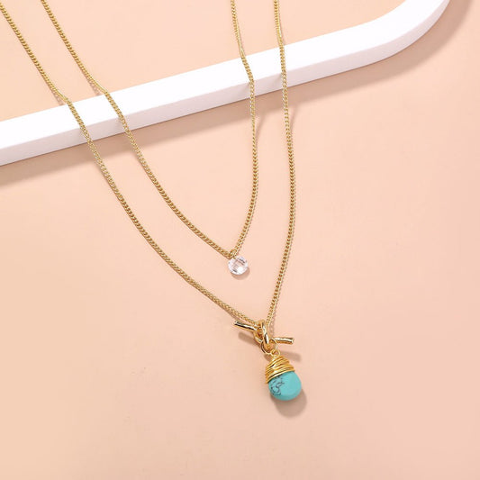 Metal Knotted Hand - Wound Turquoise Water Droplet Multi - Layer Necklace - Trendy Radar