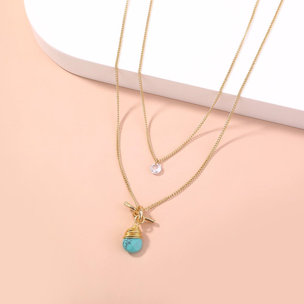 Metal Knotted Hand - Wound Turquoise Water Droplet Multi - Layer Necklace - Trendy Radar