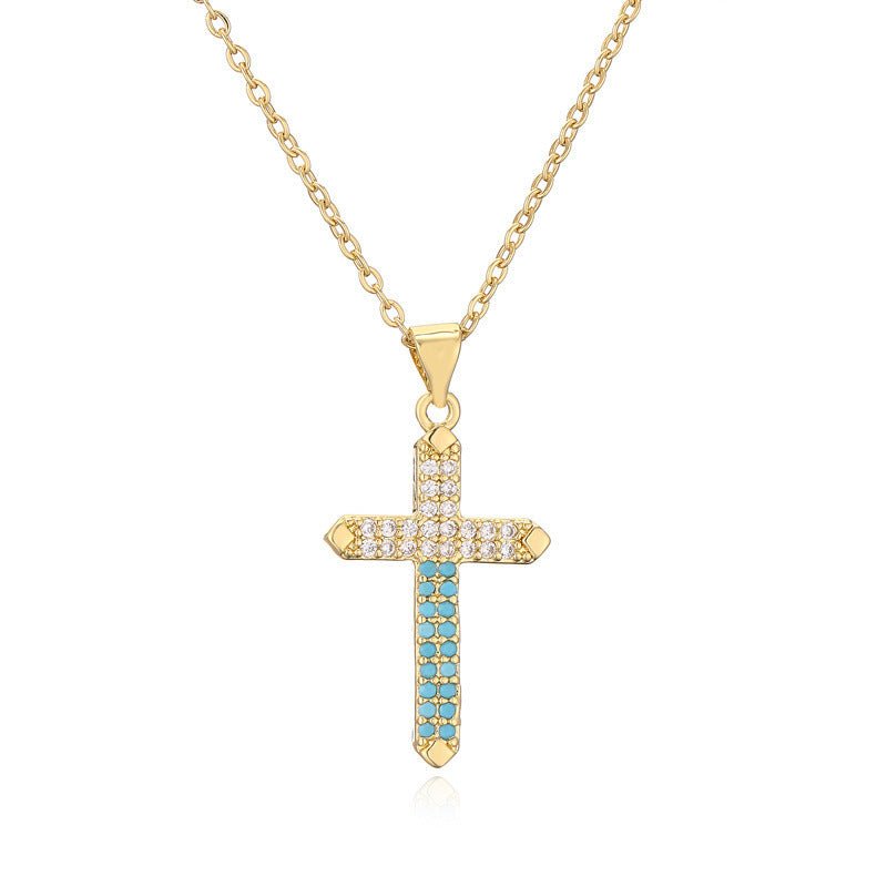 Micro - Inlaid Turquoise Cross Necklace - Trendy Radar