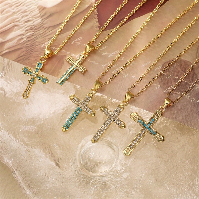 Micro - Inlaid Turquoise Cross Necklace - Trendy Radar