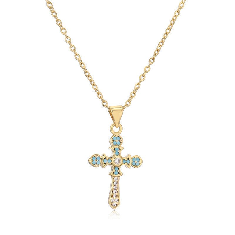 Micro - Inlaid Turquoise Cross Necklace - Trendy Radar