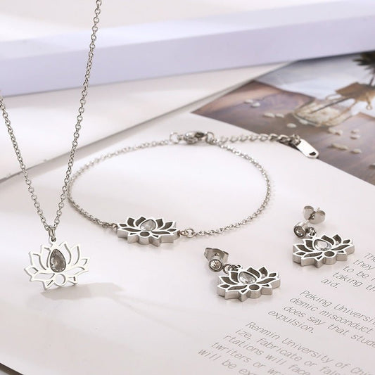 Minimalist Stainless Steel Zircon Lotus Jewellery Set - Trendy Radar