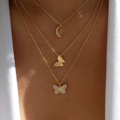 Multi-layer Crystal Butterfly & Moon Pendant Necklace - Trendy Radar