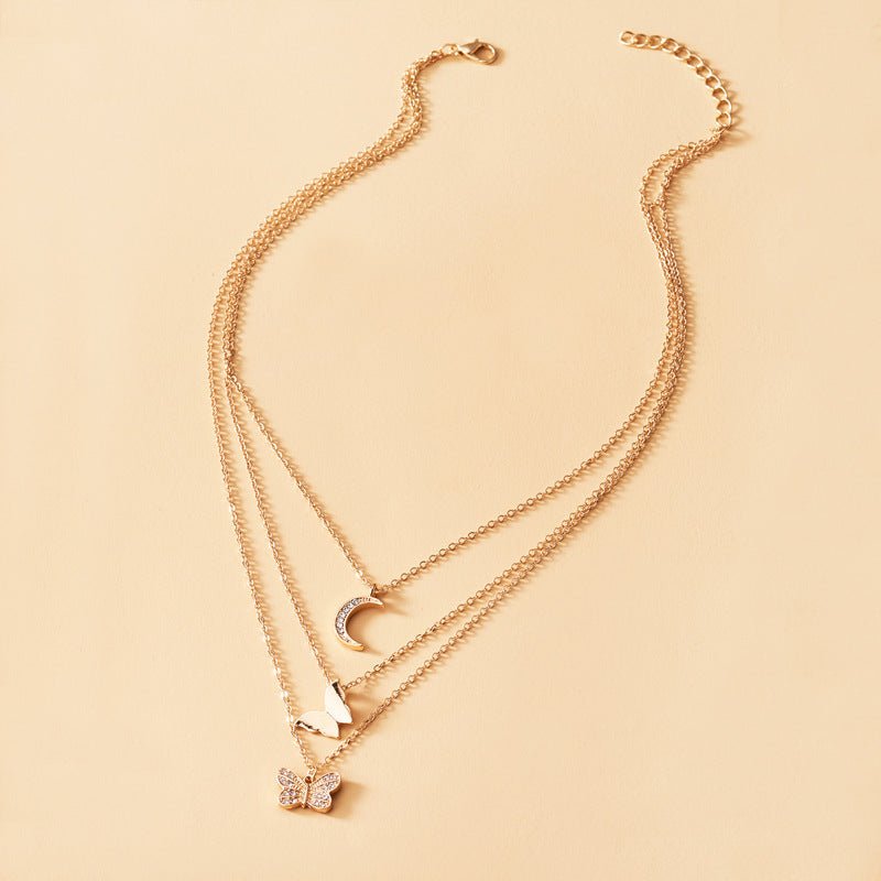 Multi-layer Crystal Butterfly & Moon Pendant Necklace - Trendy Radar