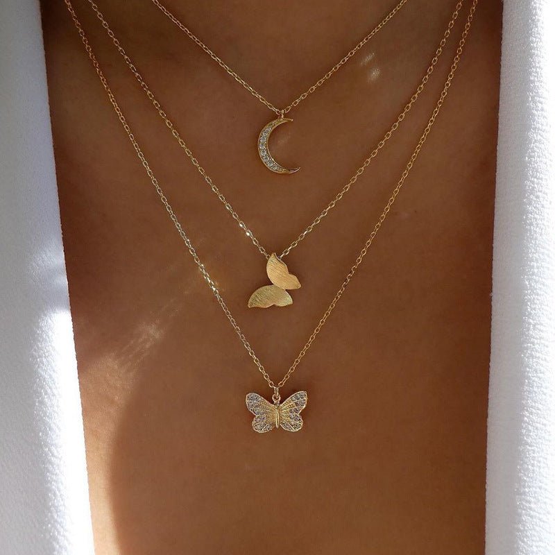 Multi-layer Crystal Butterfly & Moon Pendant Necklace - Trendy Radar