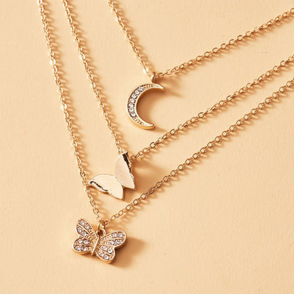 Multi-layer Crystal Butterfly & Moon Pendant Necklace - Trendy Radar