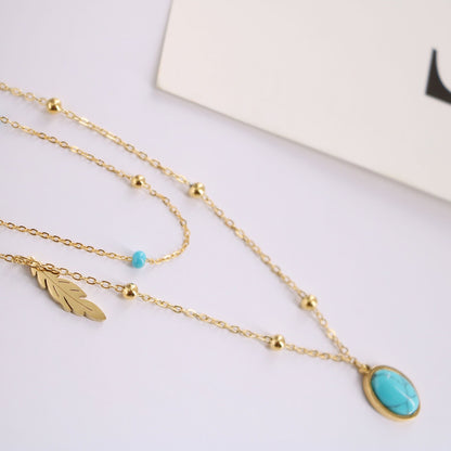 Natural Turquoise Oval Double Necklace - Trendy Radar