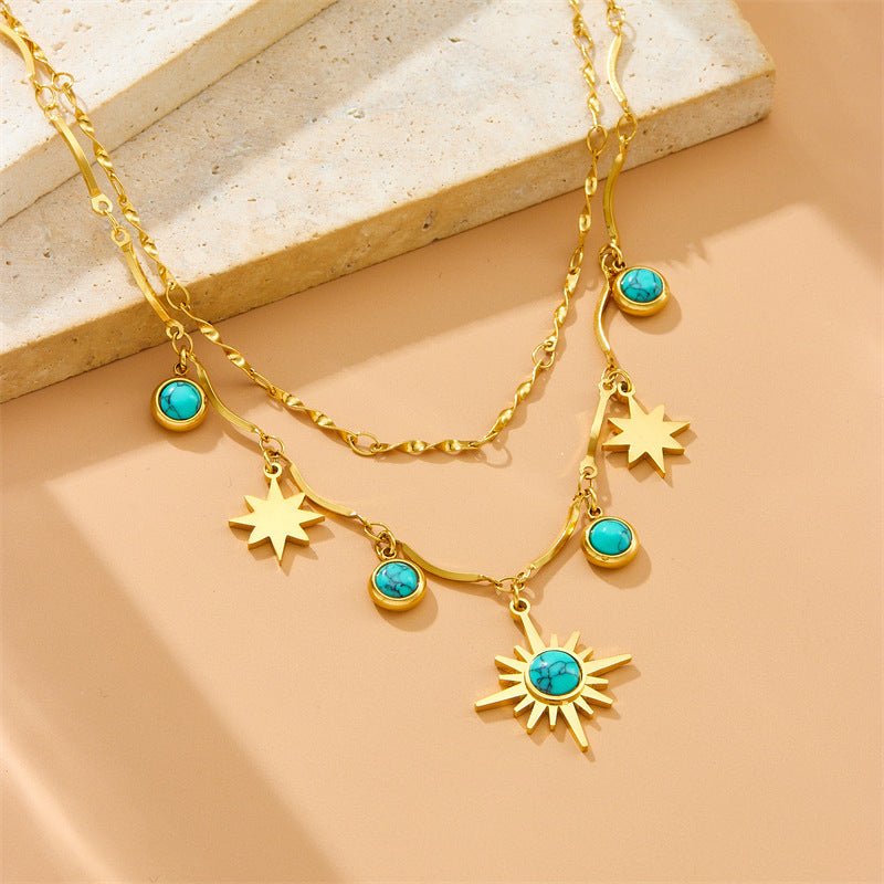 Retro Double - Layer Turquoise Eight - Pointed Star Clavicle Necklace - Trendy Radar