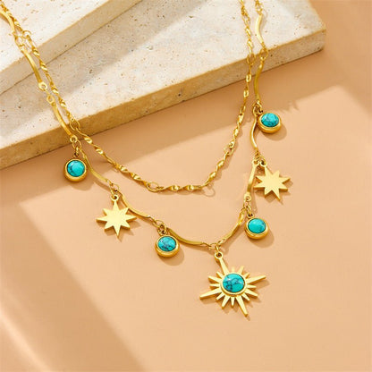 Retro Double - Layer Turquoise Eight - Pointed Star Clavicle Necklace - Trendy Radar