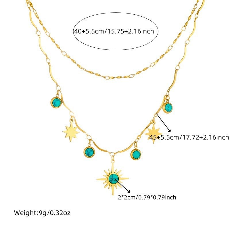 Retro Double - Layer Turquoise Eight - Pointed Star Clavicle Necklace - Trendy Radar
