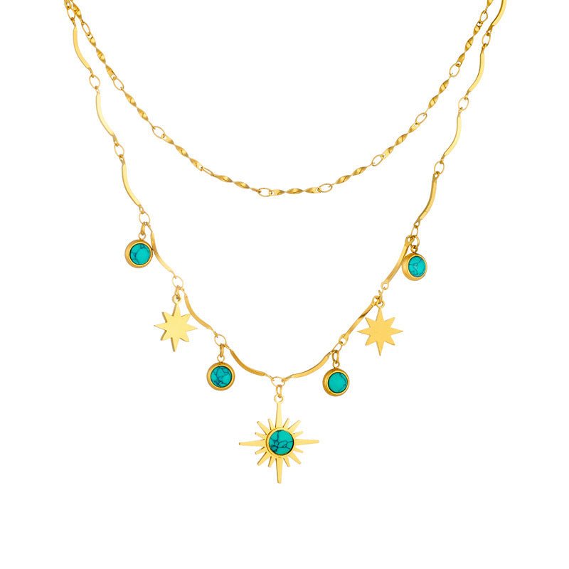 Retro Double - Layer Turquoise Eight - Pointed Star Clavicle Necklace - Trendy Radar