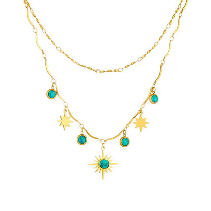 Retro Double - Layer Turquoise Eight - Pointed Star Clavicle Necklace - Trendy Radar