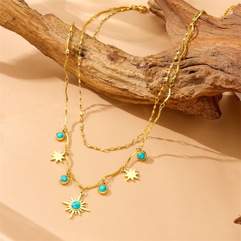 Retro Double - Layer Turquoise Eight - Pointed Star Clavicle Necklace - Trendy Radar