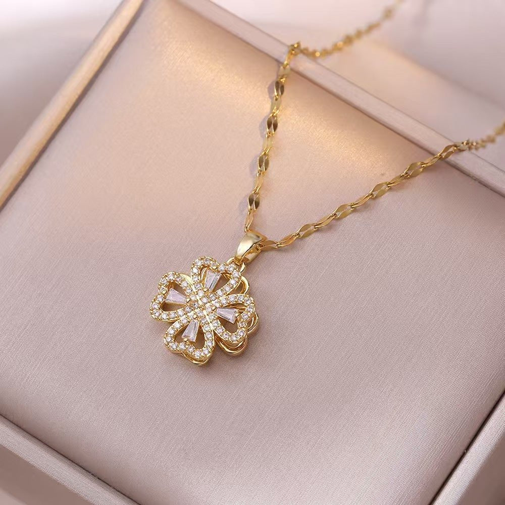 Rotatable Heart - Shaped Four - Leaf Flower Necklace - Trendy Radar