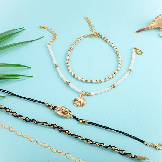 Shell Braided Multi-Layer Anklet Set – 5-Piece - Trendy Radar