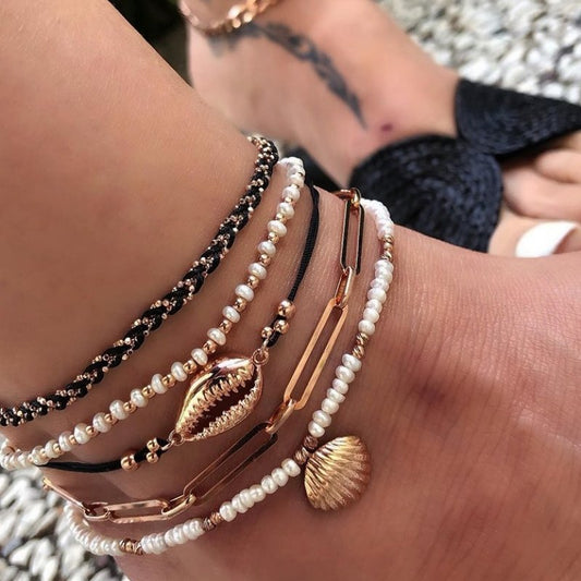 Shell Braided Multi-Layer Anklet Set – 5-Piece - Trendy Radar