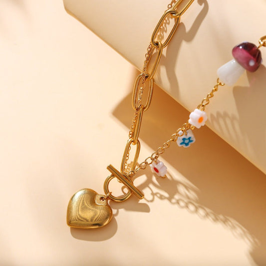 Small Flower & Mushroom Pendant with OT Buckle Necklace - Trendy Radar