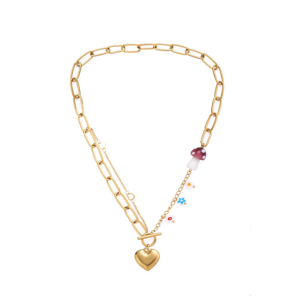 Small Flower & Mushroom Pendant with OT Buckle Necklace - Trendy Radar