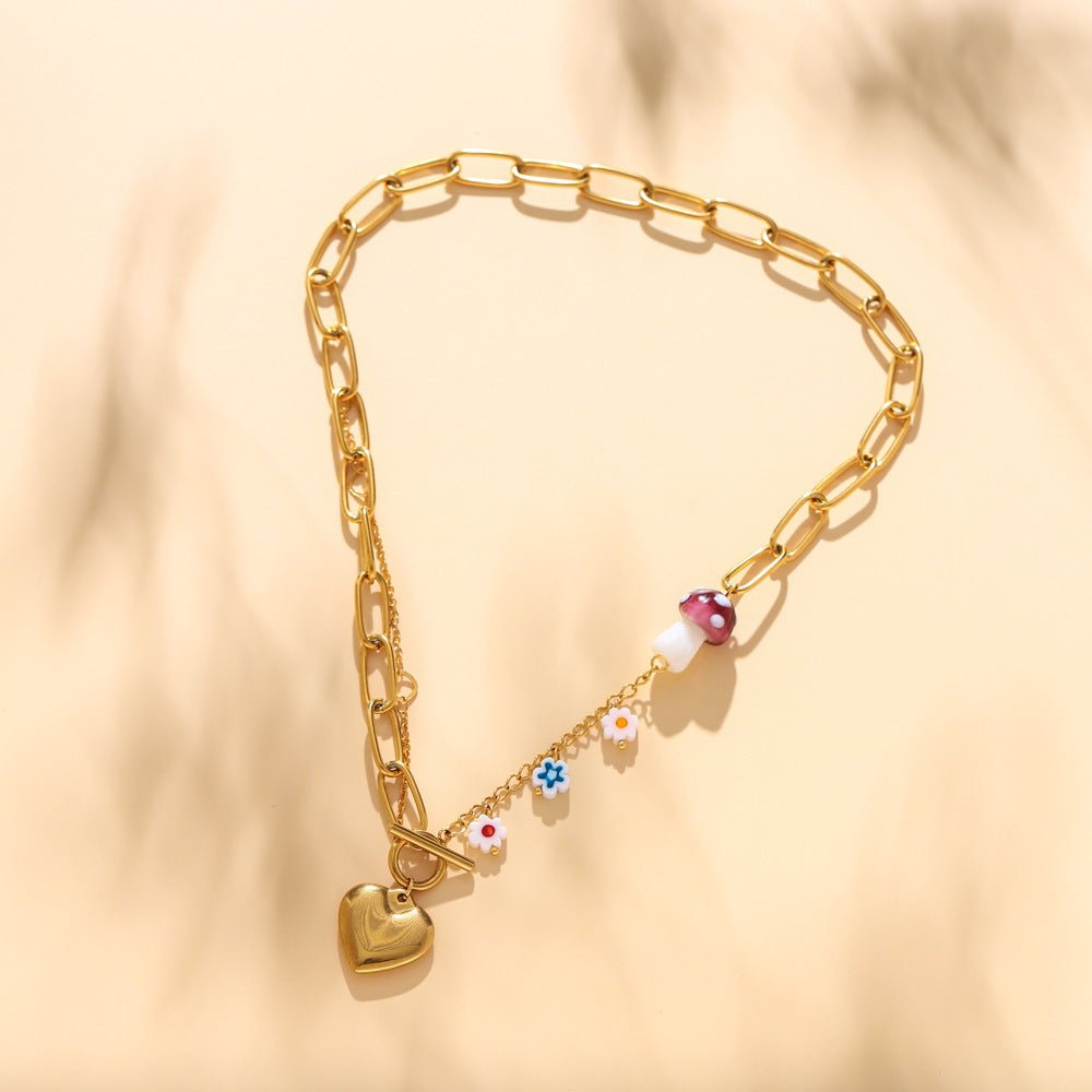 Small Flower & Mushroom Pendant with OT Buckle Necklace - Trendy Radar