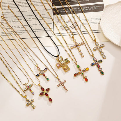 Stainless Steel Cross Necklace with Colorful Crystals - Trendy Radar
