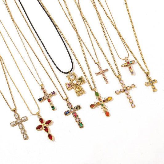 Stainless Steel Cross Necklace with Colorful Crystals - Trendy Radar