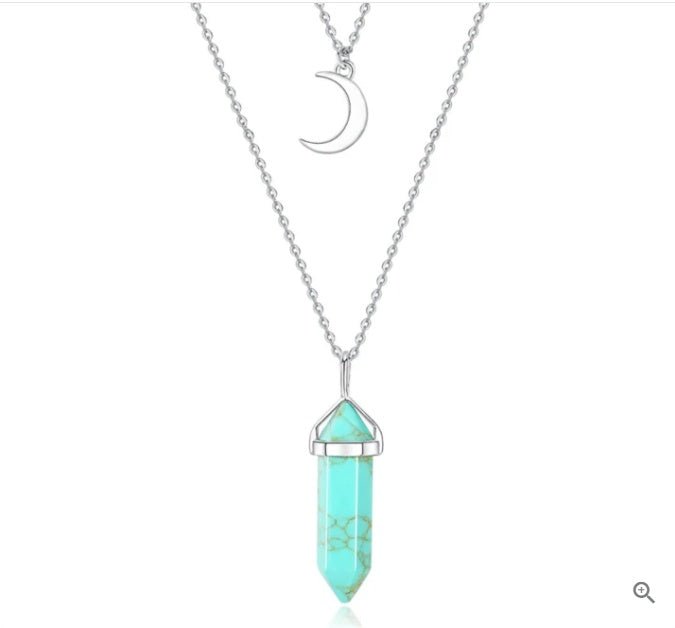 Unisex Crystal Moon & Hexagonal Turquoise Pendant Necklace - Trendy Radar
